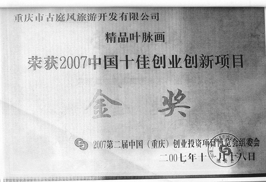 古庭风叶脉画荣获2007中国十佳创业创新项目金奖